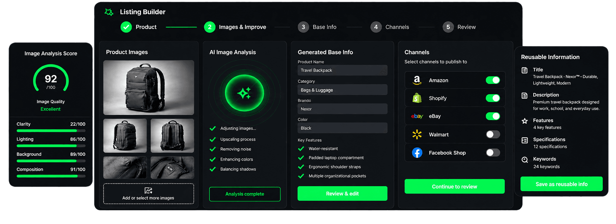 Listyiler Listing Builder showing image analysis, product images, generated base information, channel selection, and reusable information